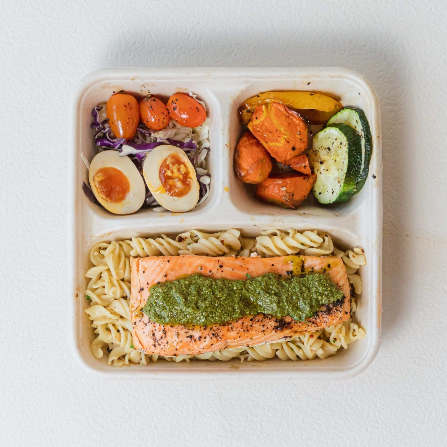 Basil Pesto Oven-baked Salmon with Fusilli Aglio Olio Bento